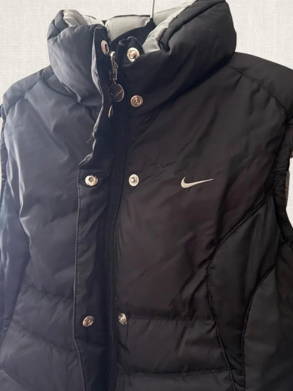 Nike Black Women's Quilted Reversible Puffer Vest with Silver Swoosh